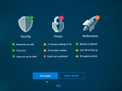 Security, privacy, and performance status with fix options.
